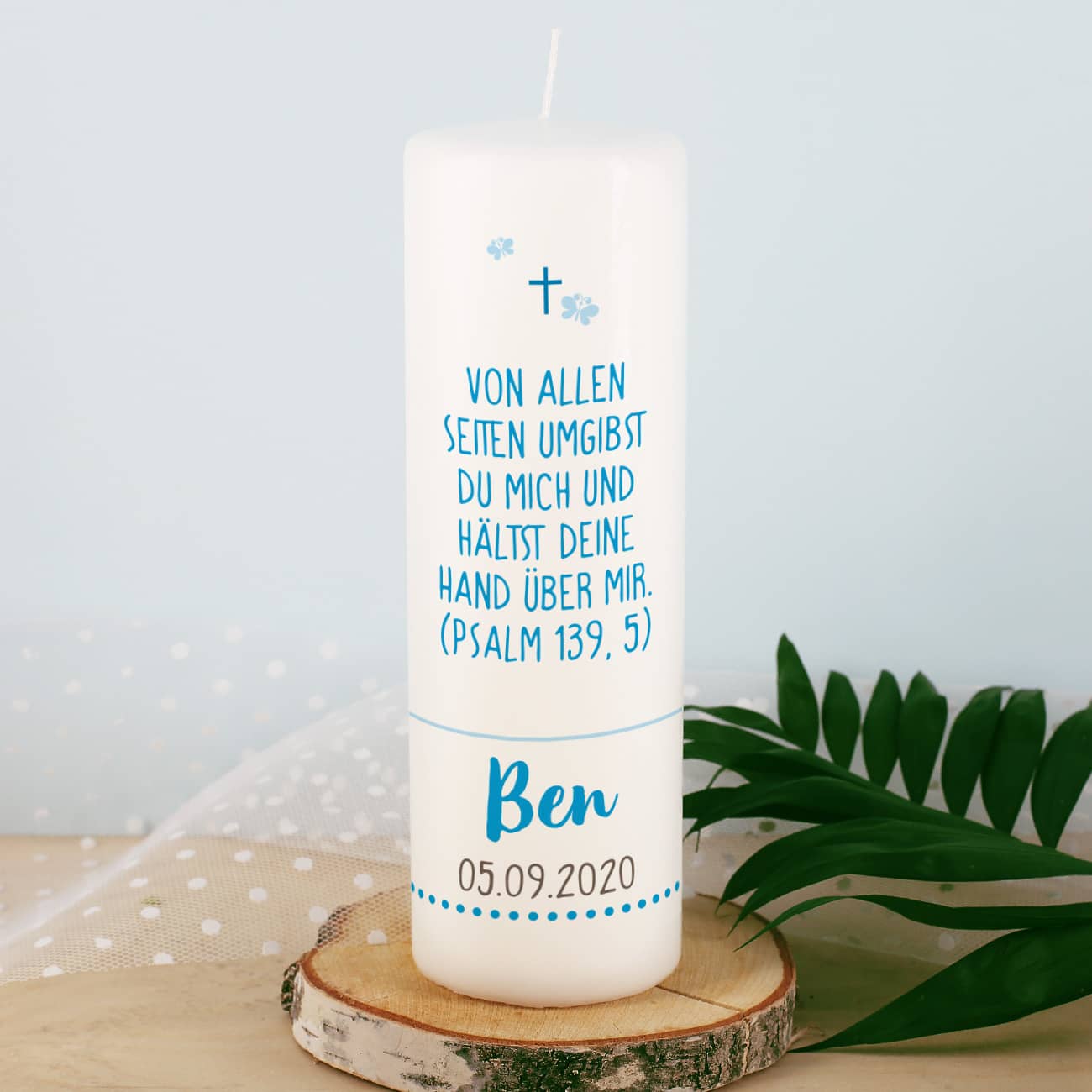 Große Taufkerze mit Ihrem Taufspruch bedruckt