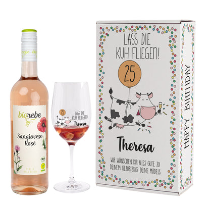 Lass die Kuh fliegen! Geschenkset zum Geburtstag mit Biorebe Wein, Glas und Box