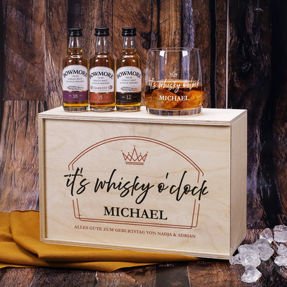 It's whisky o'clock - Geschenkset mit Whiskyglas und 3 Flaschen Bowmore a 50ml
