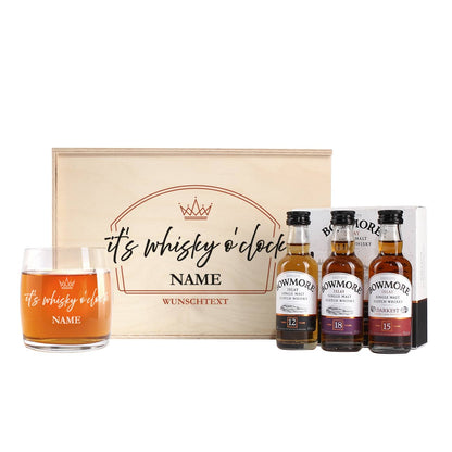 It's whisky o'clock - Geschenkset mit Whiskyglas und 3 Flaschen Bowmore Miniatur