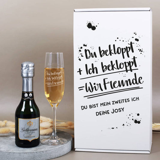 Du bekloppt, Ich bekloppt, Wir Freunde - Geschenkset mit Sekt und Sektglas