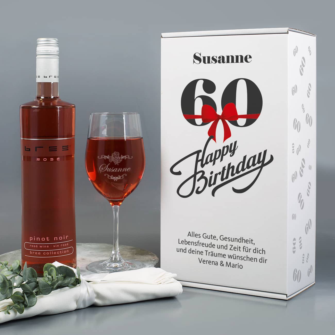Weinset zum 60. Geburtstag mit graviertem Weinglas in Geschenkbox