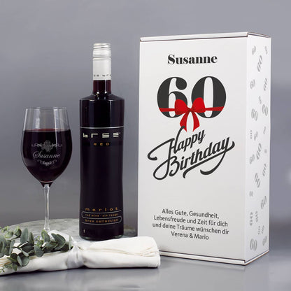 Rotweinset zum 60. Geburtstag mit graviertem Weinglas in Geschenkbox