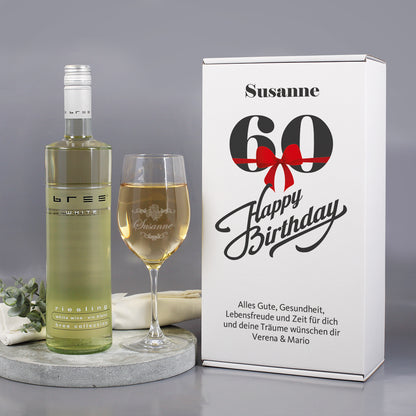Weißweinset zum 60. Geburtstag mit graviertem Weinglas in Geschenkbox