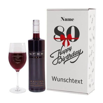 Weinset zum 80. Geburtstag mit Weinglas in bedruckter Geschenkverpackung