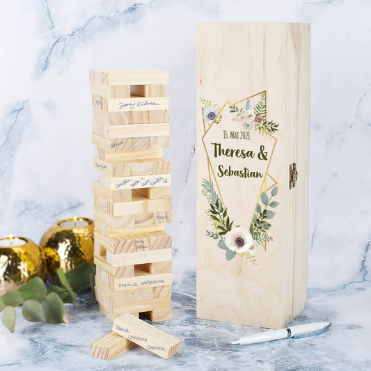 Persönliches Gästebuch zur Hochzeit als Wackelturm
