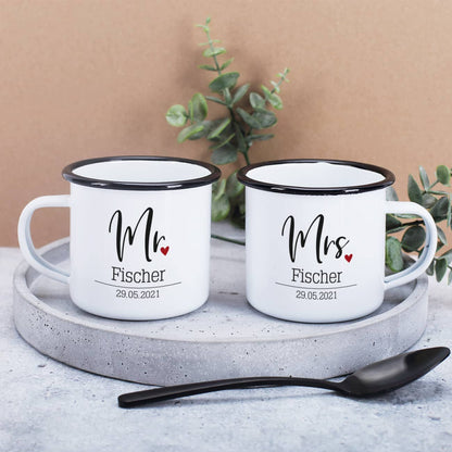 Tassenset für frisch Vermählte mit persönlichem Aufdruck