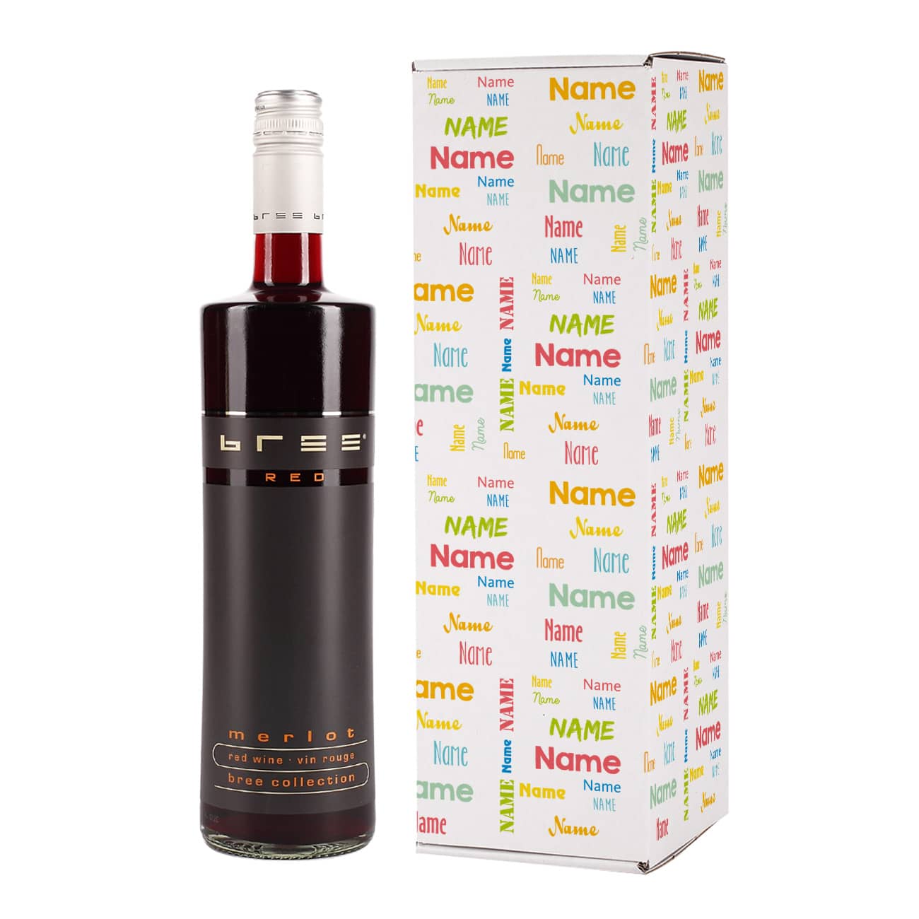 Rotwein mit bunter Pappverpackung mit Name
