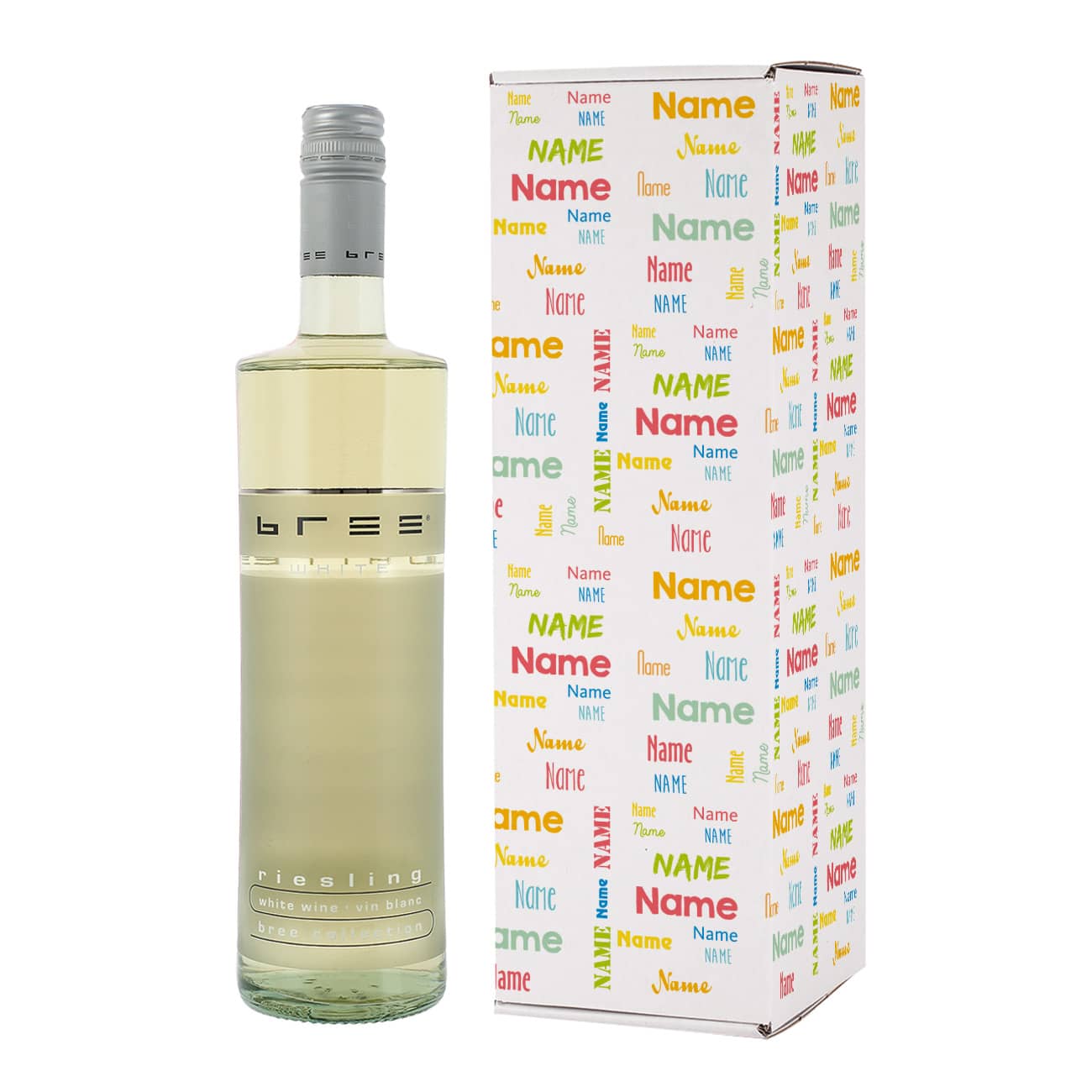 Weißwein mit bunter Pappverpackung mit Name