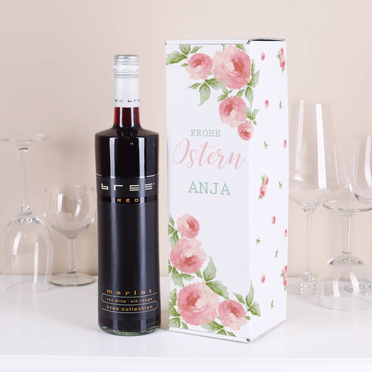 Flaschenverpackung zu Ostern bedruckt mit Name und mit Rotweinflasche