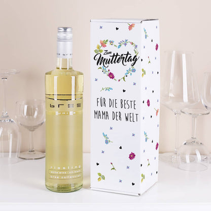 BREE Wein zum Muttertag mit Verpackung bedruckt mit Blumen, Herz und Wunschtext