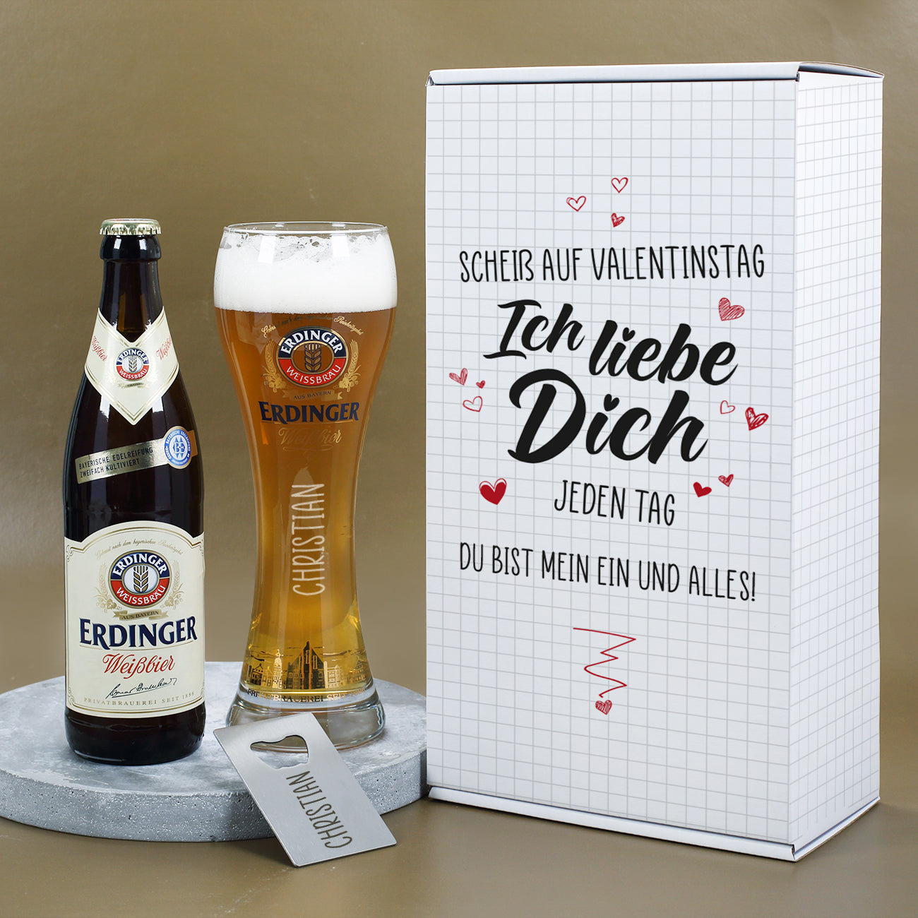 Erdinger Bier Geschenkset zum Valentinstag - Scheiß auf Valentinstag Ich liebe Dich jeden Tag
