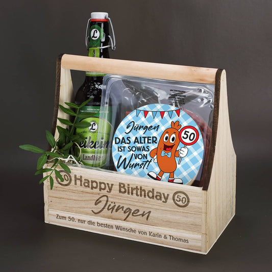 Set zum Geburtstag mit Pflanzkorb, Bier & Salami-Kabeltrommel