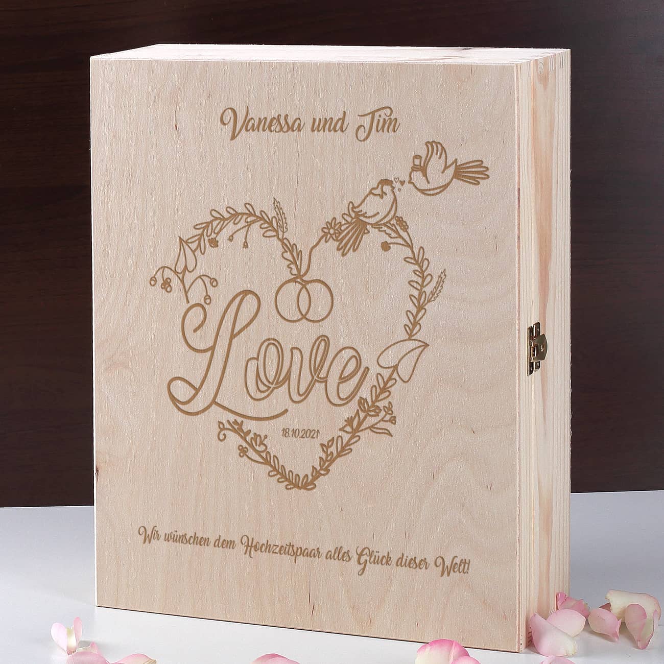 gravierte Holzbox mit Line Art, Ihren Wunschnamen, Wunschtext und Datum Ihrer Wahl