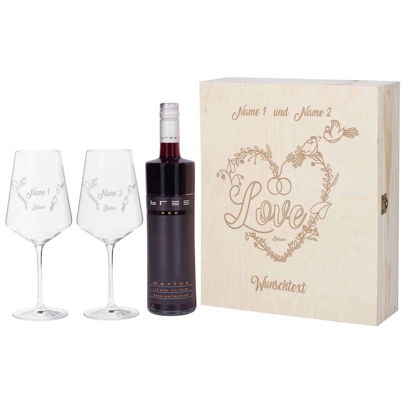 Rotwein-Set mit zwei gravierten Rotweingläsern in einer Holzbox mit Ihren Wunschnamen, Wunschdatum und einem Text Ihrer Wahl