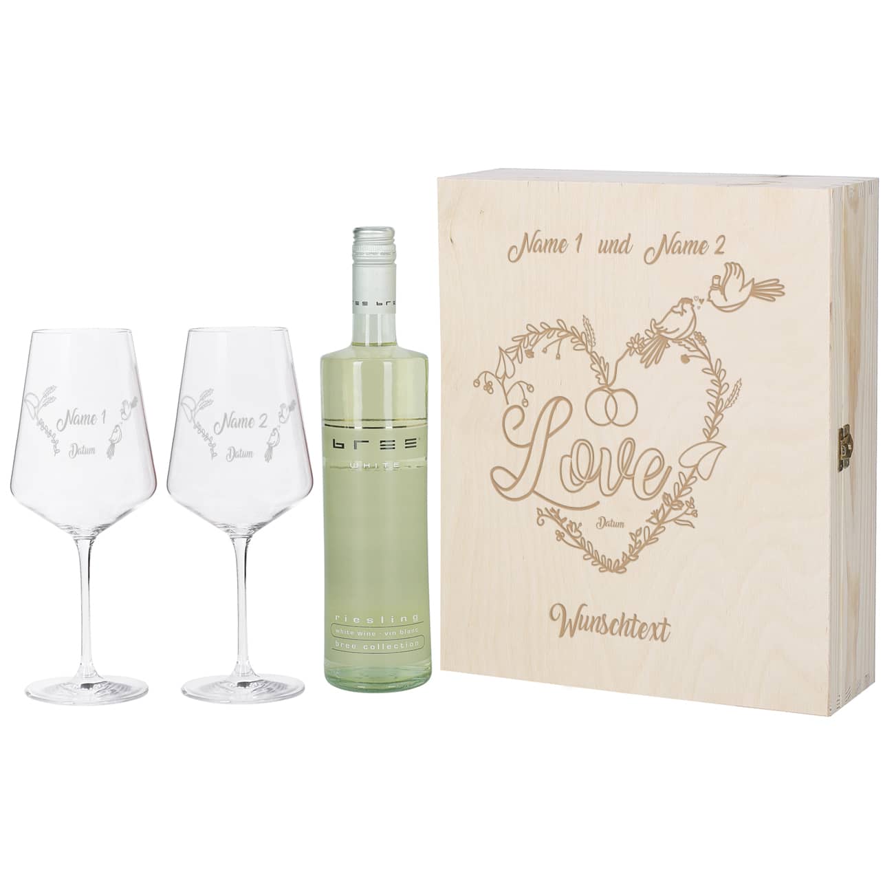Weißwein-Geschenkset zur Hochzeit mit Blumenranken und Turteltauben im Line Art Stil sowie Ihren Wunschnamen, persönlichen Datum und Text Ihrer Wahl