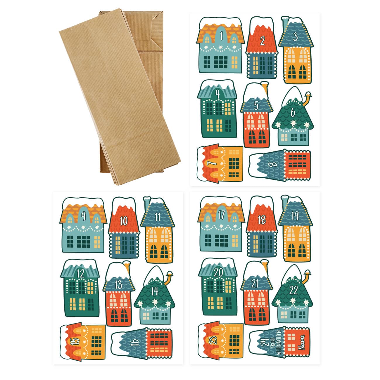 24 Papiertüten mit Aufklebern als Adventskalender