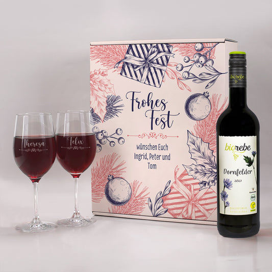 Geschenkset Weihnachten mit Biorebe Dornfelder, zwei gravierten Weingläsern und personalisierter Box „Frohes Fest“
