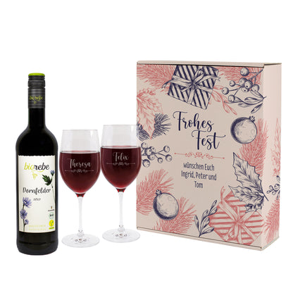 Weihnachts-Geschenkset mit Biorebe Dornfelder, zwei gravierten Weingläsern und Box „Frohes Fest“