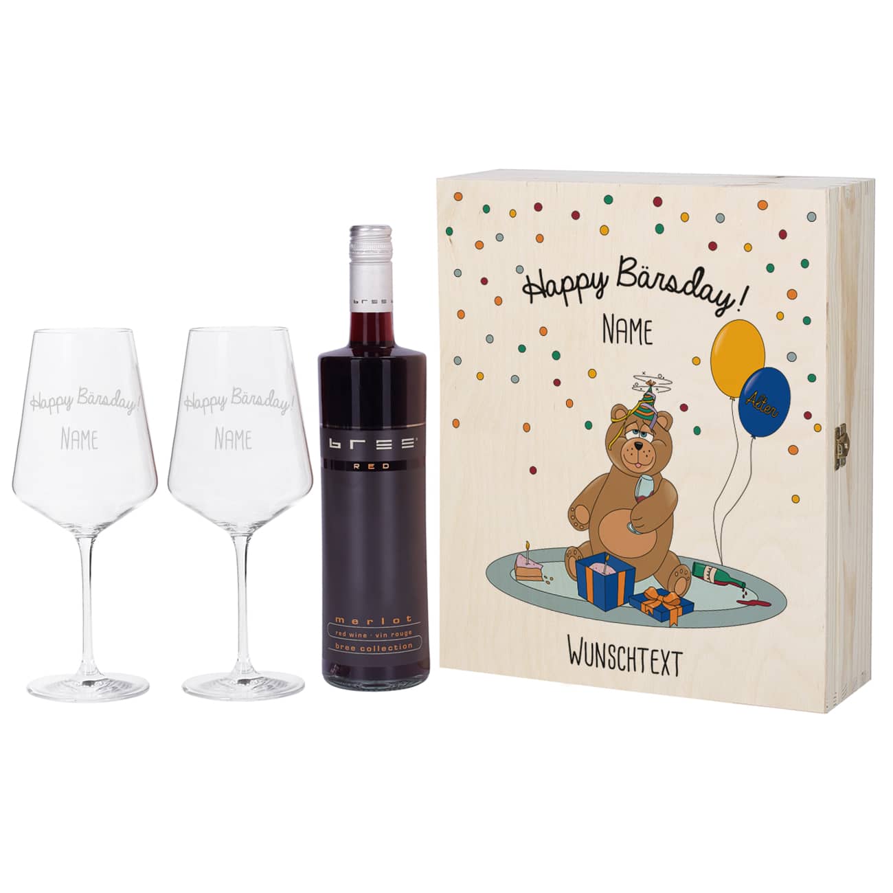 Weinset mit Geburtstagsmotiv und Ihren persinalsierbaren Weingläsern, sowie Holzbox