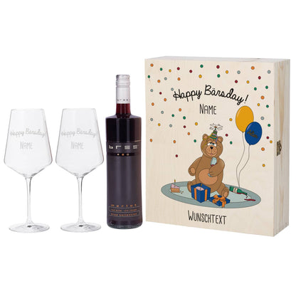 Weinset mit Geburtstagsmotiv und Ihren persinalsierbaren Weingläsern, sowie Holzbox