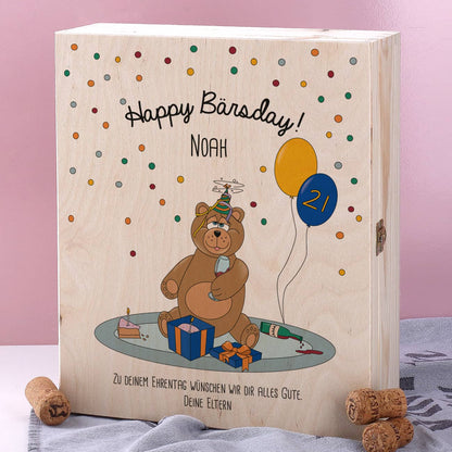 Bedruckte Geschenkverpackung aus Holz mit Ihrem ganz persönlichen Wunschtext, Name und Alter