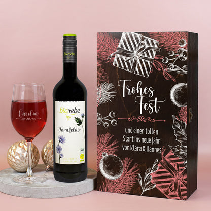 Frohes Fest - Biorebe Wein und Weinglas in weihnachtlicher Holzbox | Geschenk zu Weihnachten