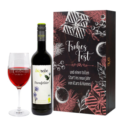 Frohes Fest - Biorebe Wein und Weinglas in weihnachtlicher Holzbox | Geschenk zu Weihnachten