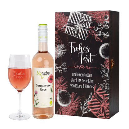 Frohes Fest - Biorebe Wein und Weinglas in weihnachtlicher Holzbox | Geschenk zu Weihnachten
