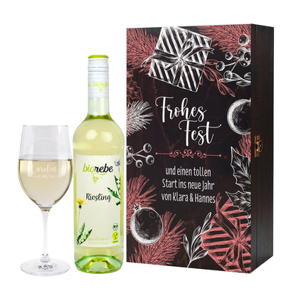 Frohes Fest - Biorebe Wein und Weinglas in weihnachtlicher Holzbox | Geschenk zu Weihnachten