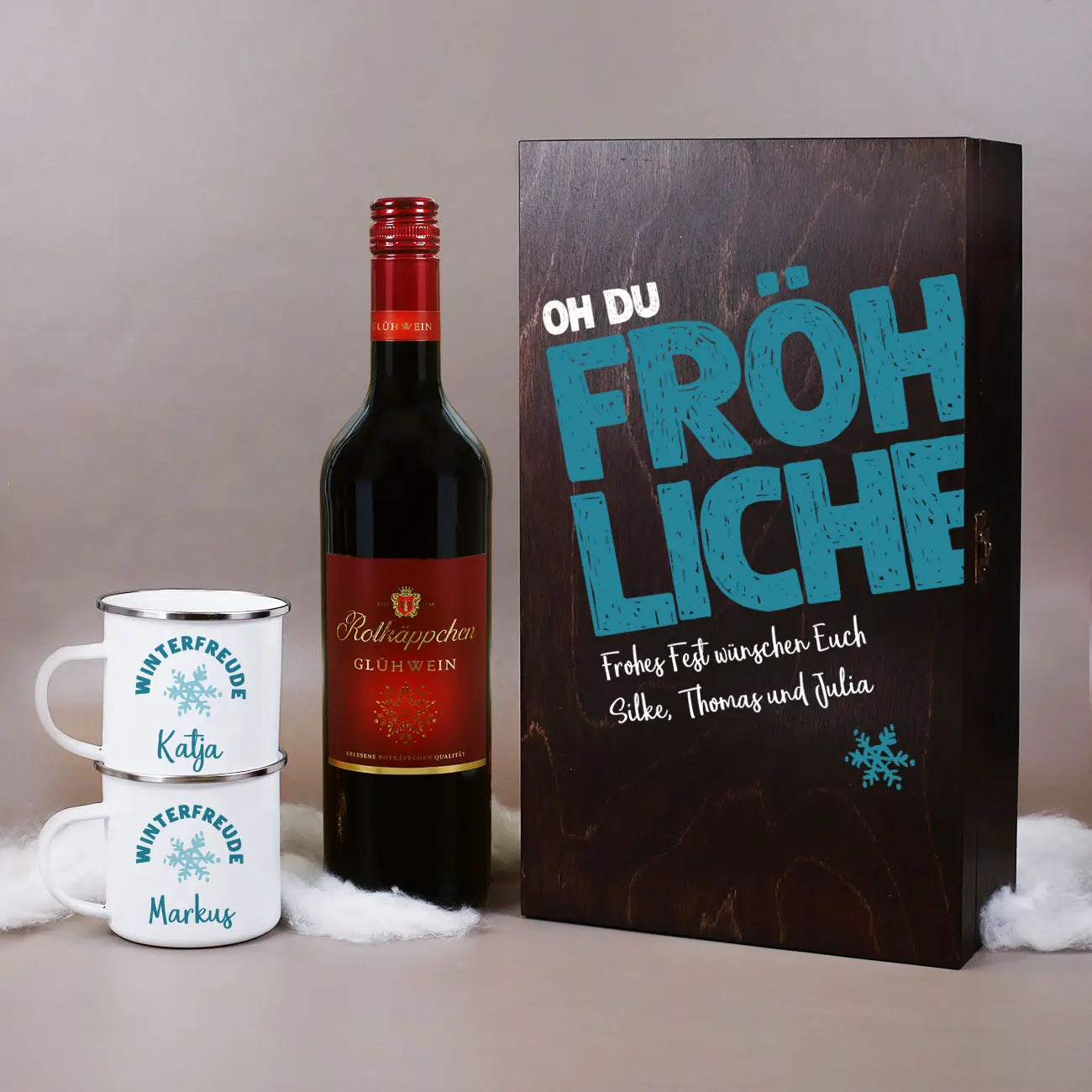 Oh du fröhliche... - Winterfreude Geschenkset mit Dornfelder Glühwein, Emailletassen und Geschenkbox