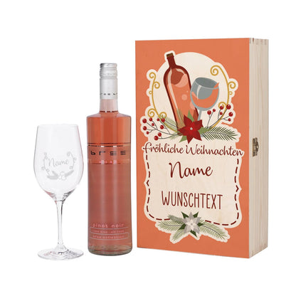 Geschenkbox mit Weihnachtskranz bedruckt, Pinot Noir Rosé und graviertem Weinglas
