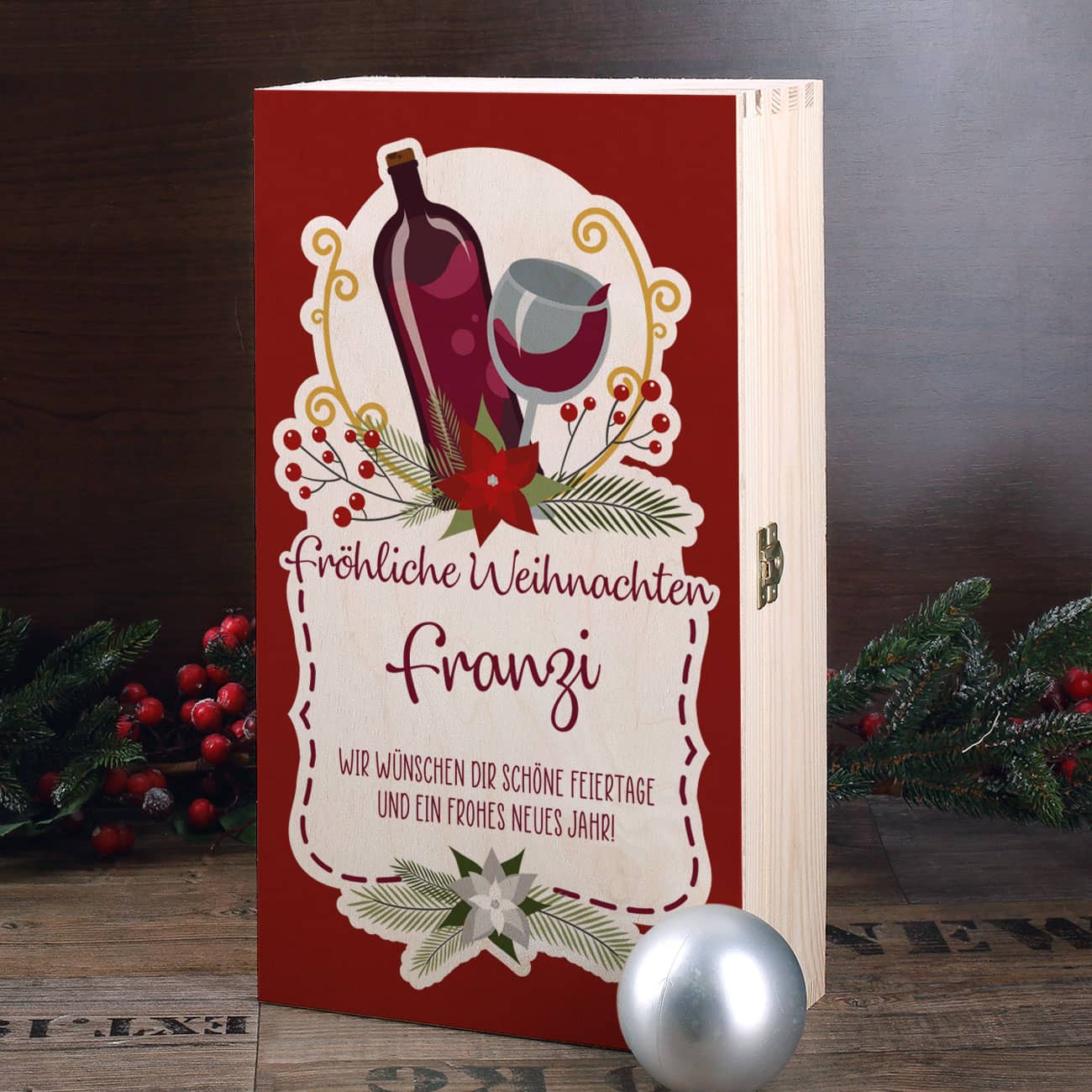 Personalisierte Rotwein-Geschenkbox mit Name und Wunschtext bedruckt