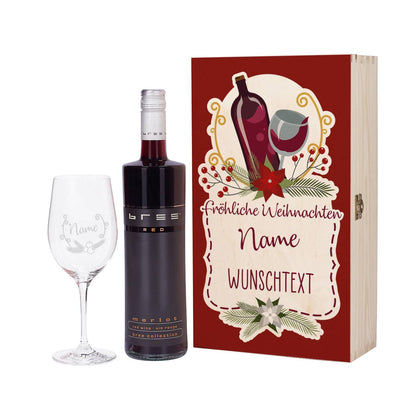 Geschenkbox mit Weihnachtskranz bedruckt, Rotwein und graviertem Weinglas