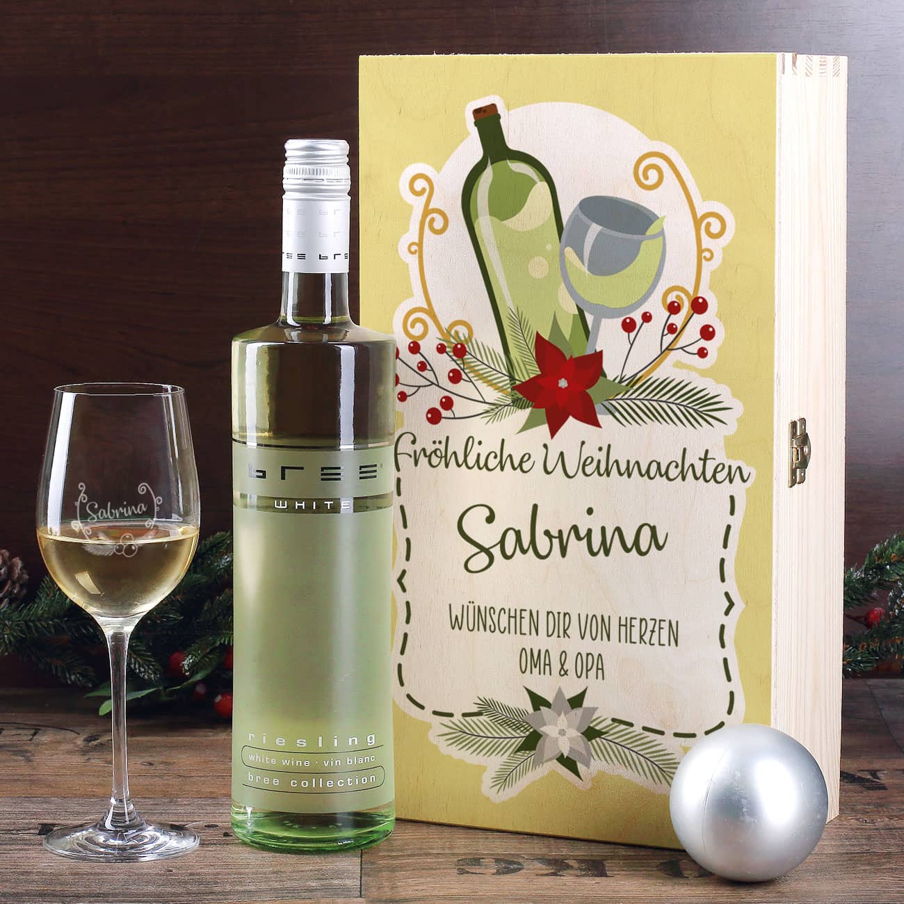 Weißwein Geschenkset mit graviertem Glas und einer Flasche Riesling