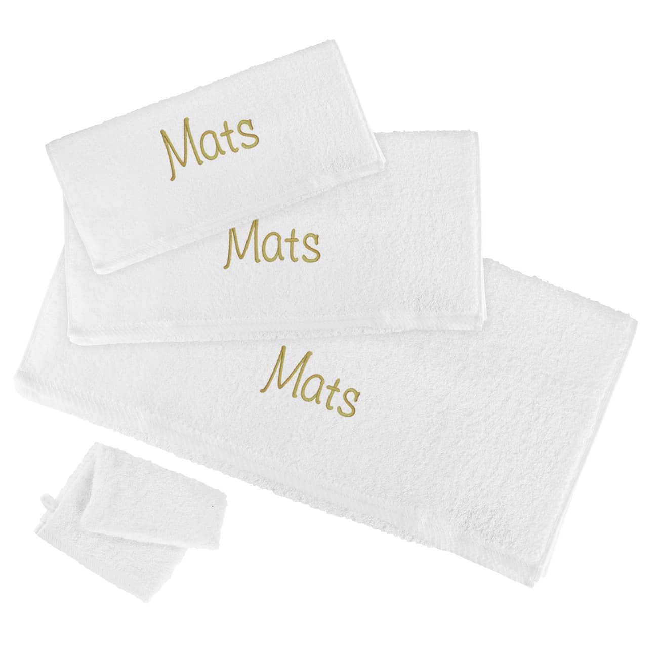 4-teiliges Handtuchset in Weiß mit Name in Gold bestickt