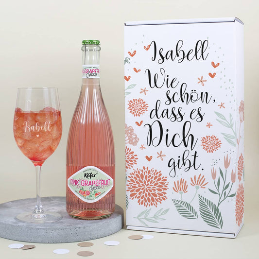 Geschenkset als Dankeschön - Fruchtsecco, Glas mit Gravur, Geschenkbox
