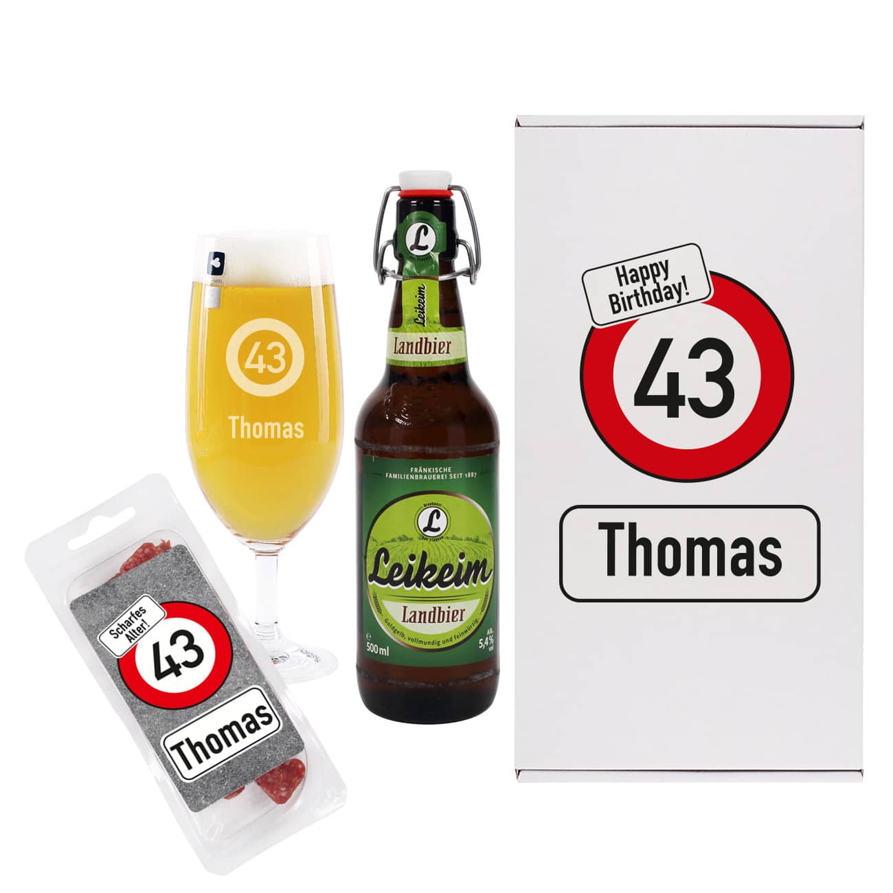Bier-Geschenkset zum Geburtstag mit Verkehrszeichen Wunschname und Alter des Geburtstagskindes