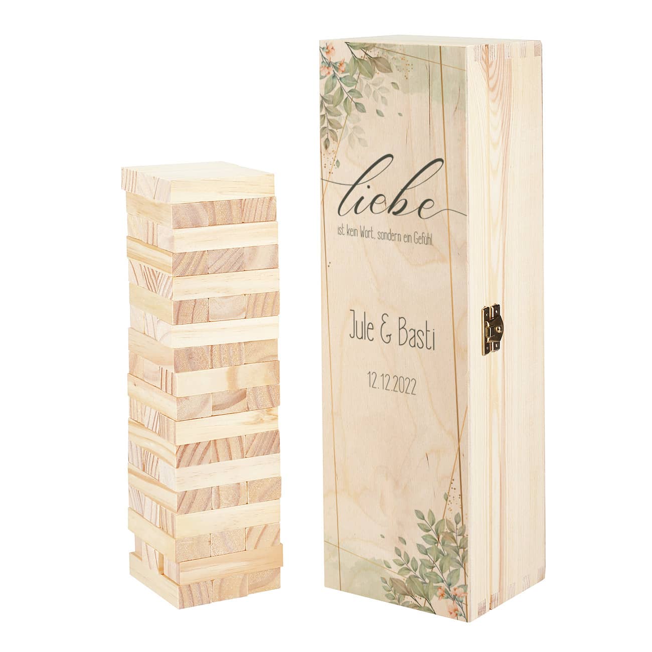 Wackelturm und personalisierbare Holzverpackung als originelles Gästebuch zur Hochzeit