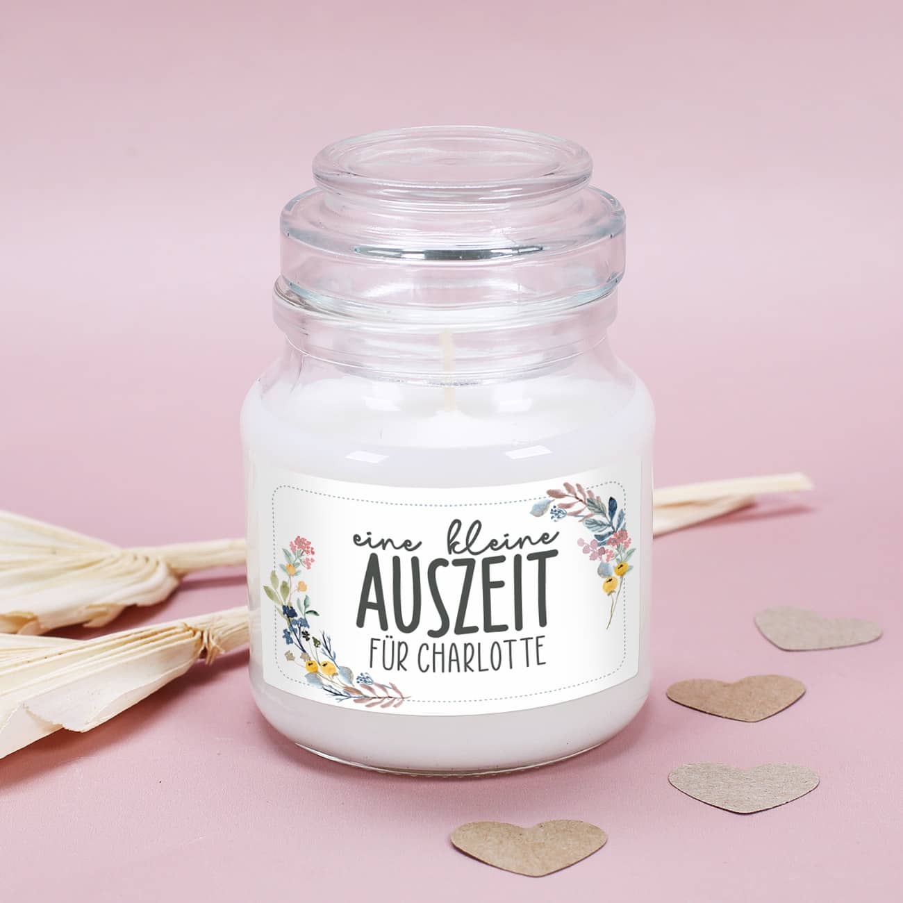 Duftkerze mit personalisiertem Etikett "Eine kleine Auszeit" mit Name als Druck
