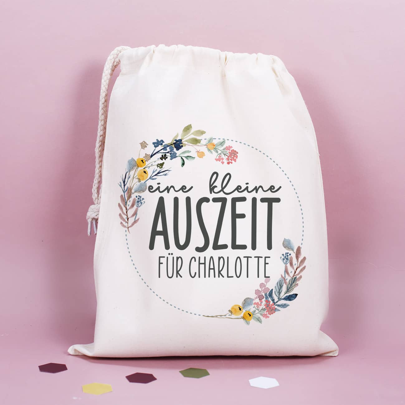 Beutel mit Zuziehkordel aus 100% Baumwolle mit Name personalisiert