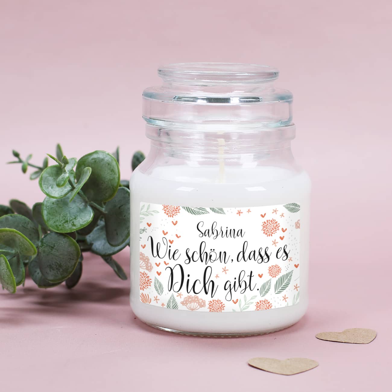 Duftkerze mit personalisiertem Etikett "Wie schön, dass es dich gibt" mit Name als Druck