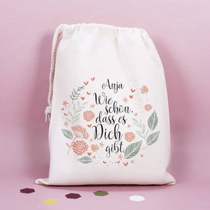 Beutel mit Zuziehkordel aus 100% Baumwolle mit Name personalisiert