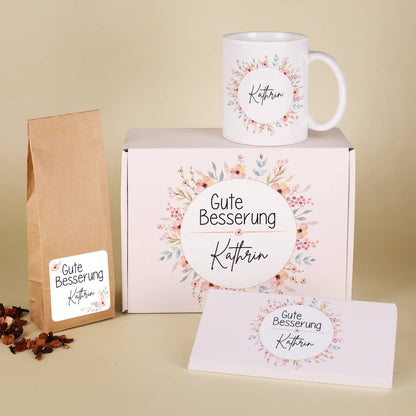 Tee Geschenkset Gute Besserung mit Tasse, Schokolade, Box und Tasse