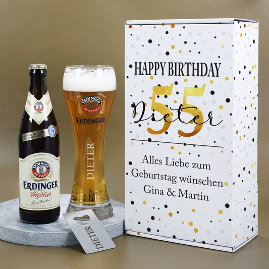 Geburtstagsset mit Erdinger Bier, passendem Weizenglas, Flaschenöffner und Geschenkbox