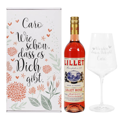 Präsent Set "Wie schön, dass es Dich gibt" mit persönlicher Geschenkbox, Lillet Rosé und graviertem Weinglas 