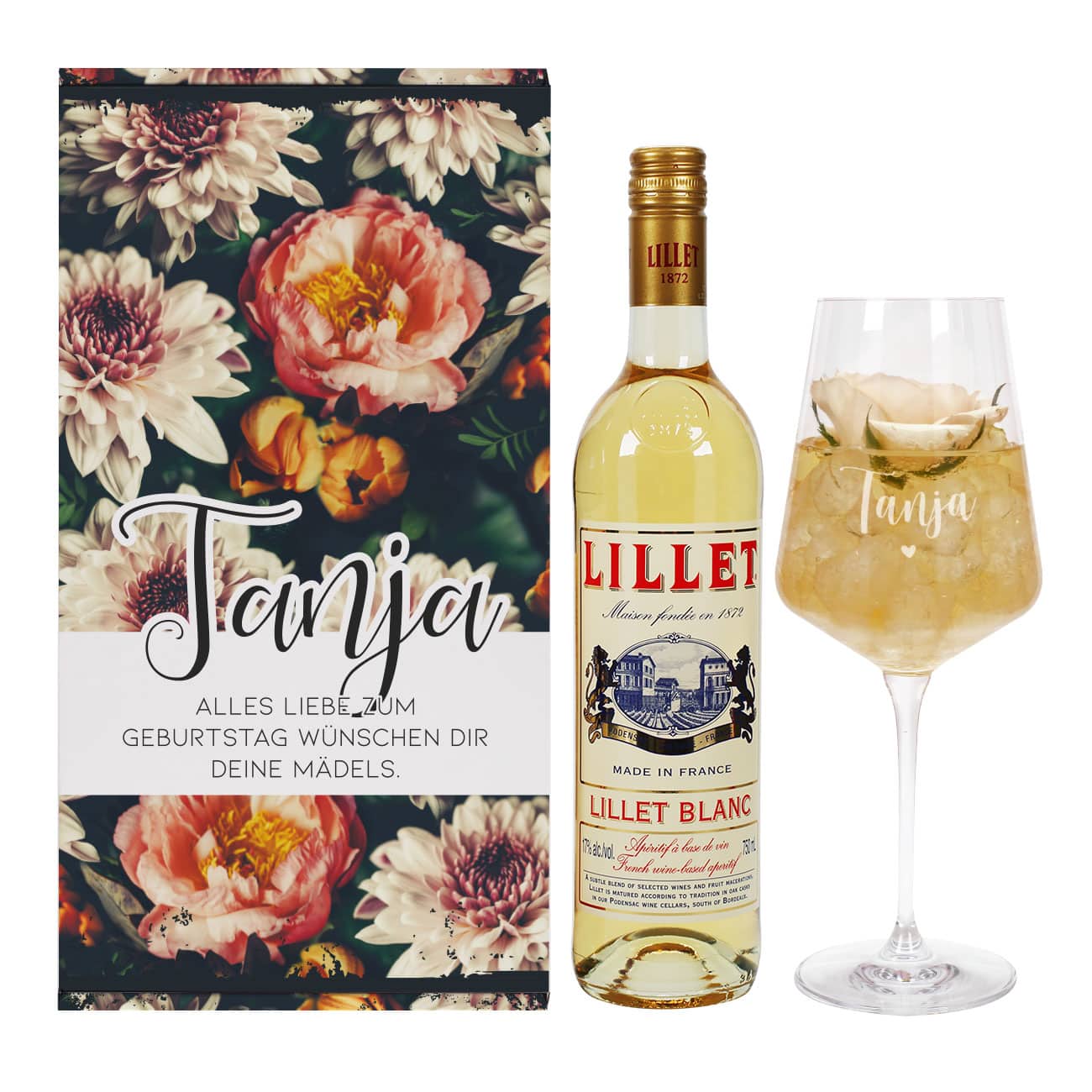 Lillet Blanc Geschenkset mit eleganter Verpackung mit Vintage-Blumen bedruckt und Ihren Wunschangaben gestaltet