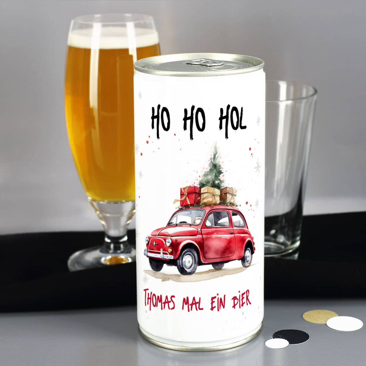 Weihnachts-Bier mit Ihrem Text & Santa's Fiat 500