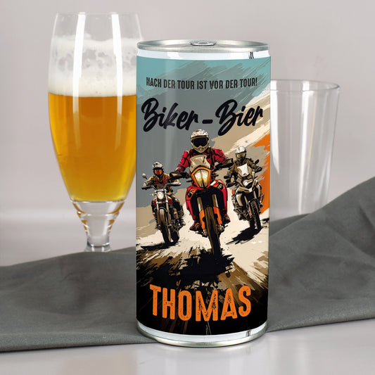 Personalisierte Biker-Bierdose mit Motorradmotiv Classic Bike, Tourer, Adventure Reiseenduro, Wunschtext und Name – Beispiel Thomas