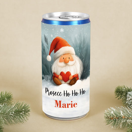Prosecco-Dose mit Wichtel im Schnee und Wunschtext Marie – Weihnachtsdesign